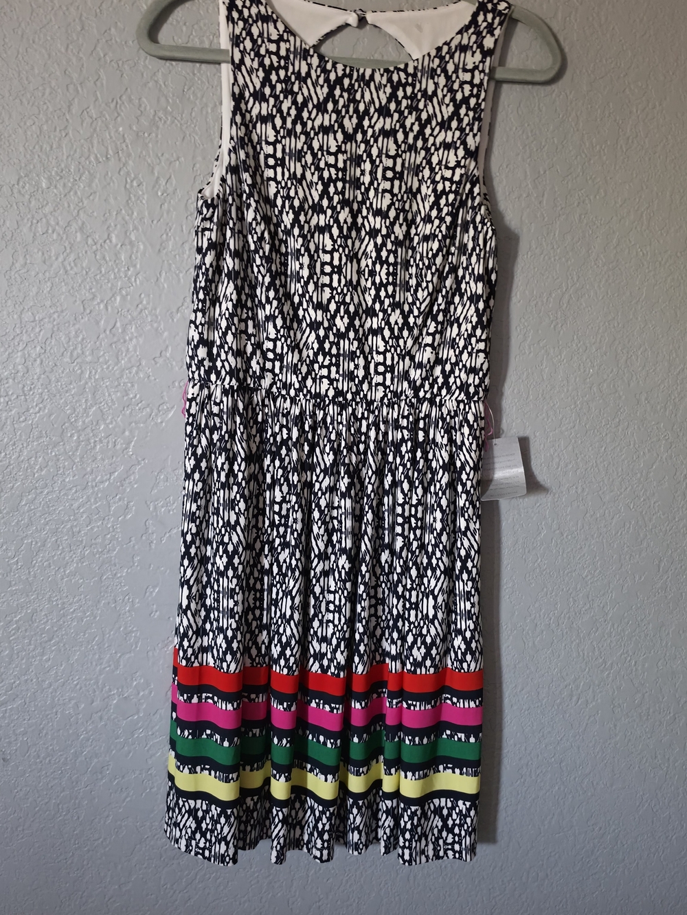 Eliza J Black & White Printed Sleeveless Dress with Multicolor Stripe Hem